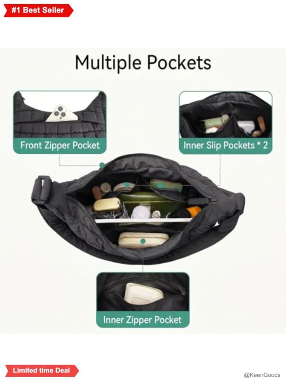 Nylon Quilted Puffer Crossbody Hobo Bag Lightweight Adjustable Strap